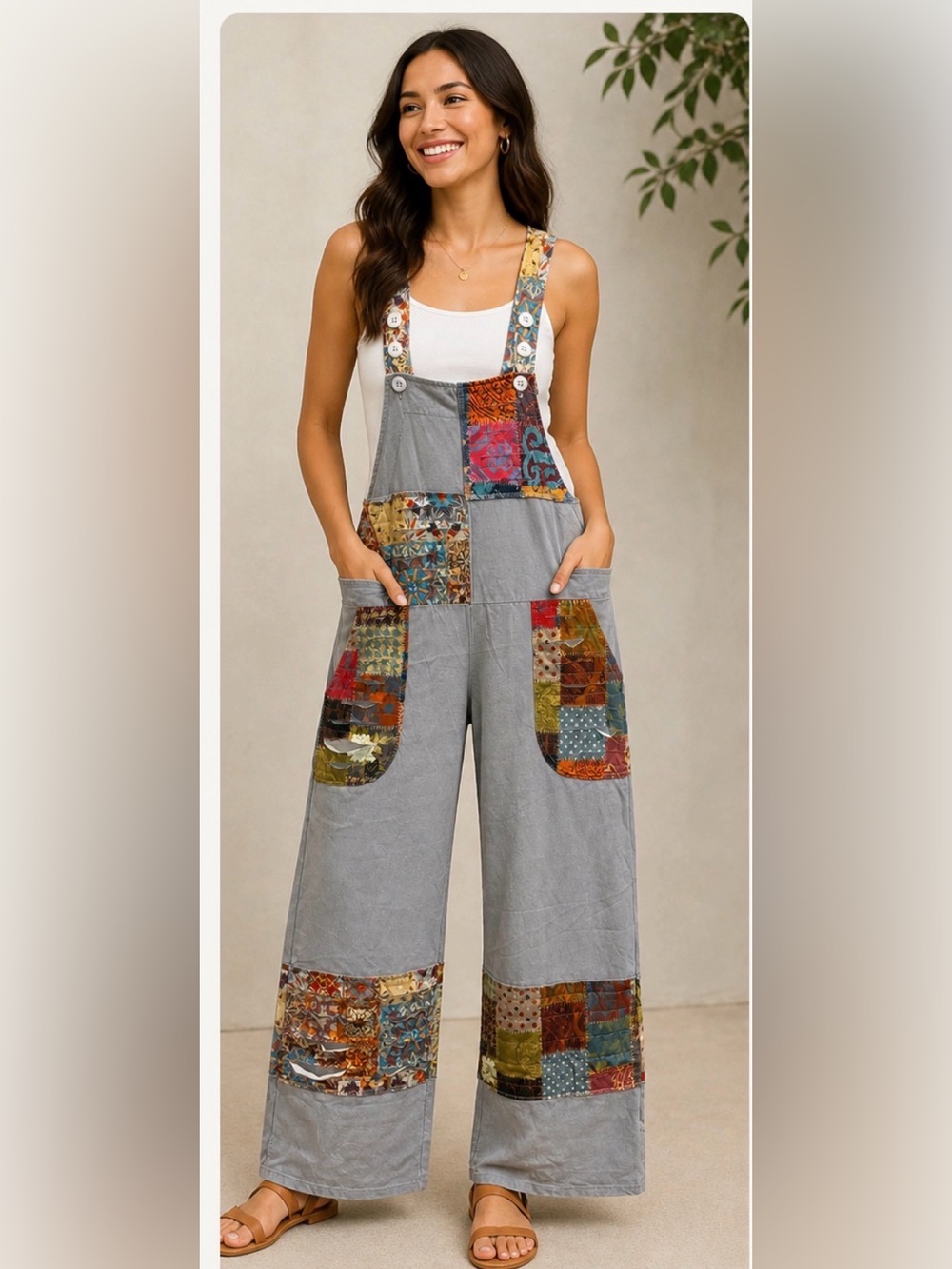 Patchwork Detail Wide-Leg Jumpsuit - Gray